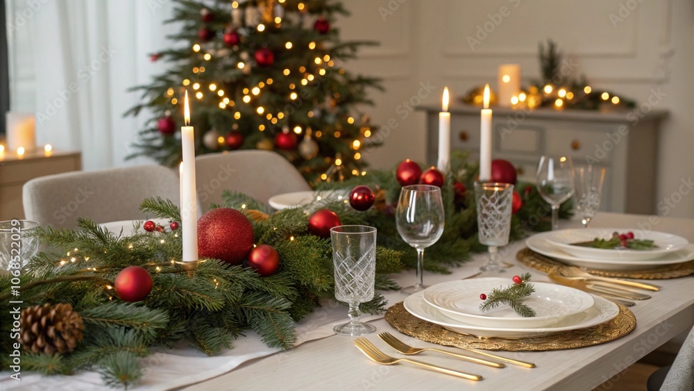 Elegant Christmas dining table decorated with evergreen garland, red ornaments, candles, and gold accents, creating a festive holiday atmosphere. A beautifully lit Christmas tree in the background enh Elegant Christmas dining table decorated with evergreen garland, red ornaments, candles, and gold accents, creating a festive holiday atmosphere. A beautifully lit Christmas tree in the background enh