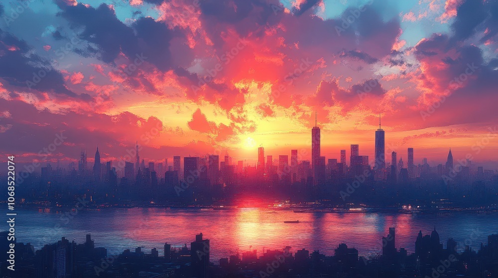 Naklejka premium city skyline bathed in the warm glow of a setting sun, highlighting architectural silhouettes against a vibrant sky, evoking a sense of urban tranquility and beauty
