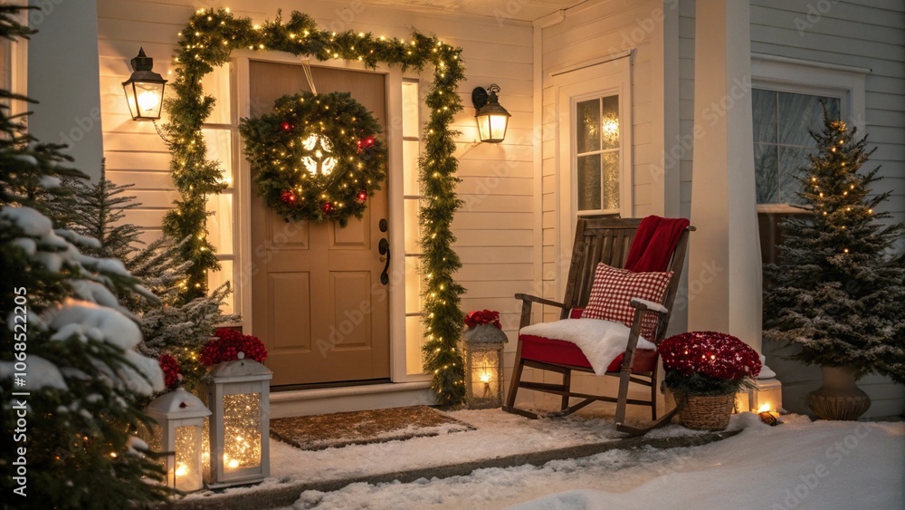 Fototapeta premium Charming Christmas porch decorated with a festive wreath, garlands, and lights around the door. A cozy rocking chair with pillows and blankets sits beside small evergreen trees and lanterns, creating 