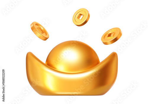 3d Chinese gold ingot Yuan Bao with golden coins. Design element for Chinese New Year. Stock vector illustration on isolated background.