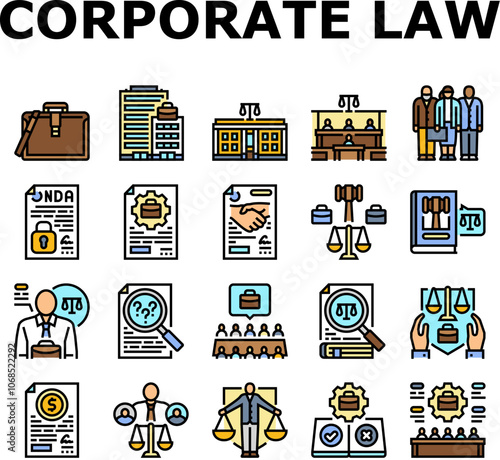 corporate law compliance icons set vector. corporation governance, merger acquisition liability contract, litigation regulation corporate law compliance color line illustrations