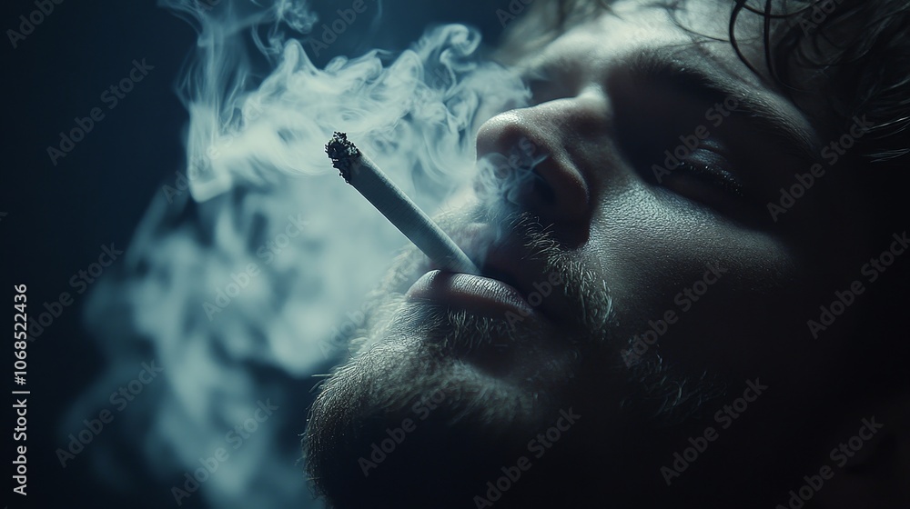 Obraz premium Ensnared in Smoke: A Portrait of Addiction and Isolation.Concept of addiction, isolation, and despair.Themes of darkness, secrecy, and self-destruction.mental health, addiction recovery, public health