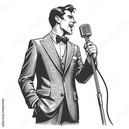 Stand up showman cheerful performer holding a vintage microphone, evoking classic entertainment and retro charm sketch engraving generative ai vector illustration. Black and white image.
