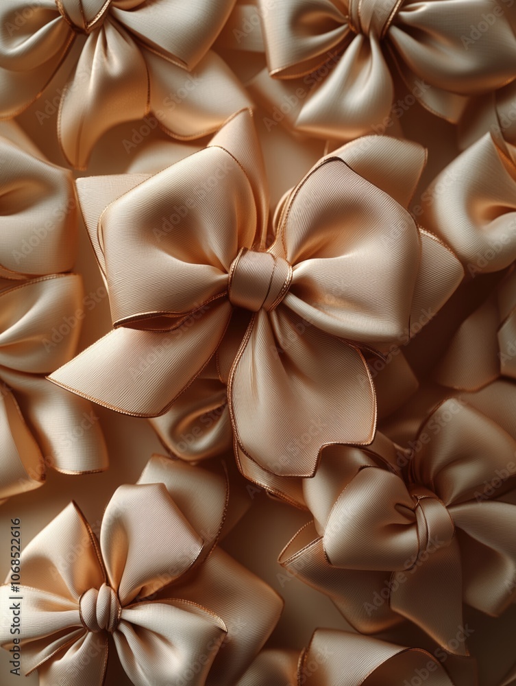 Close-up of multiple satin bows in soft beige colors arranged in an elegant display showcasing their smooth texture and shine ideal for gifts or decorations Close-up of multiple satin bows in soft beige colors arranged in an elegant display showcasing their smooth texture and shine ideal for gifts or decorations
