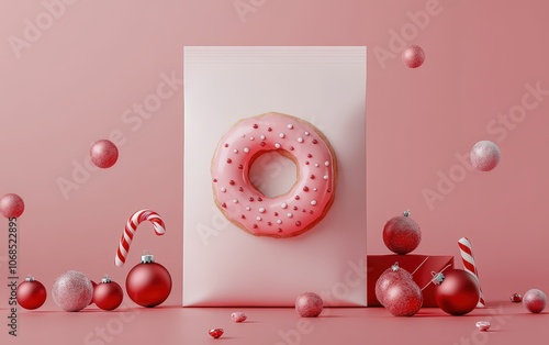 hristmas Donut Bag Mockup A blank donut bag with holiday decorations like small ornaments and candy canes  photo