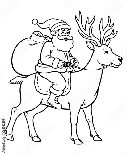 Santa Claus and bag riding on the deer, Christmas coloring page for kids