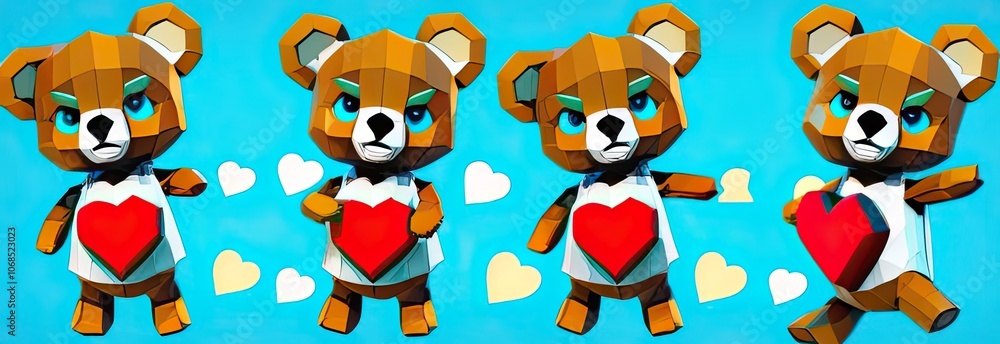 Fototapeta premium a sweet teddy bear with a red heart in a warm green and orange background. concept of toy stores, gift shops, greeting cards