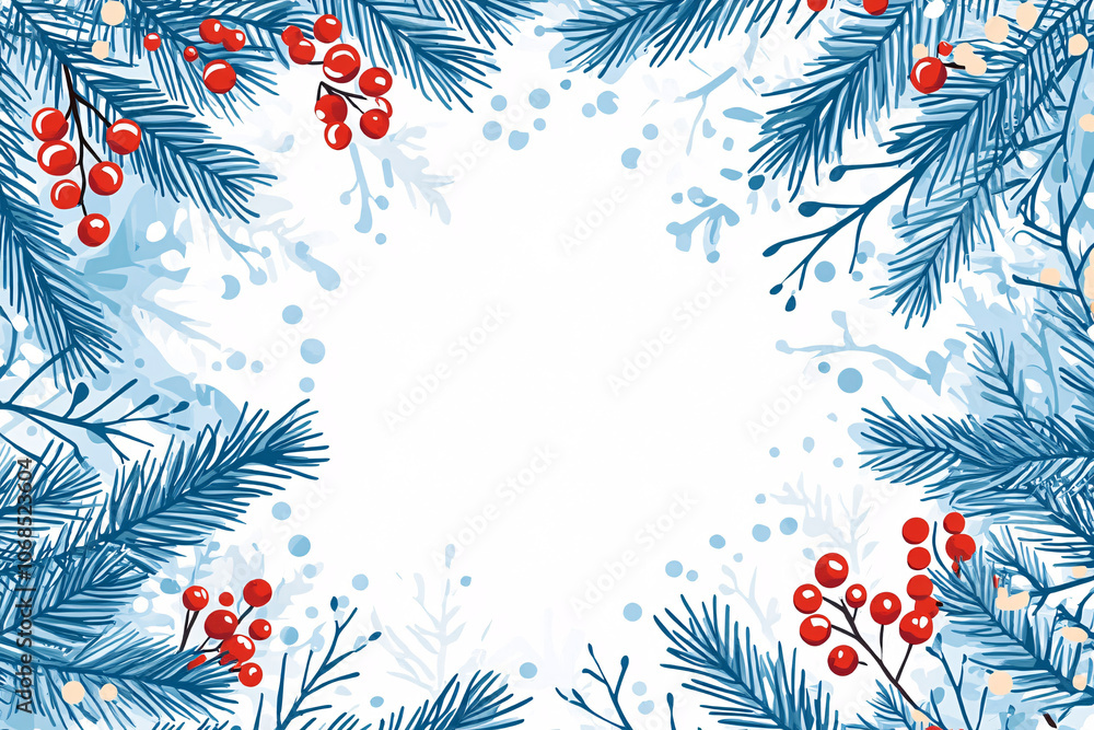 blue pine branches and vibrant red berries surround a white central space with a snow-like background for a winter theme
blue pine branches and vibrant red berries surround a white central space with a snow-like background for a winter theme