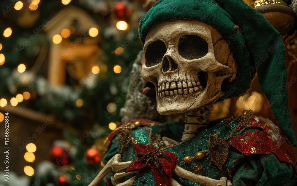 Skeleton Elf A skeleton dressed as a Christmas elf, with a green hat and festive surroundings Skeleton Elf A skeleton dressed as a Christmas elf, with a green hat and festive surroundings