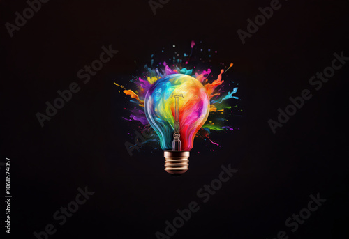 A light bulb with a colorful explosion of paint inside, against a dark background. photo