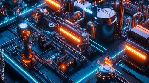 Robotic maintenance in fuel refinery, neon accents on machinery, futuristic and sleek design