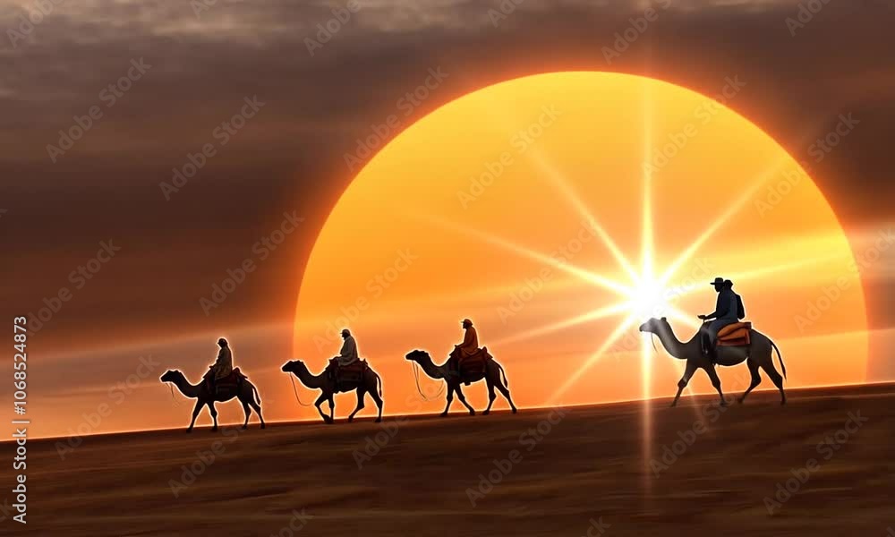 Journey across golden sands as the sun sets behind distant silhouettes in a serene desert landscape Journey across golden sands as the sun sets behind distant silhouettes in a serene desert landscape