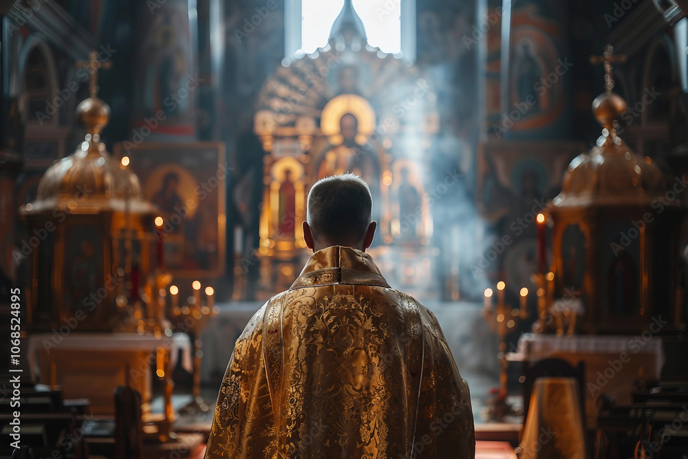 Generative AI Portrait of Pastor in Church Setting with Radiant Light and Religious Reverence Generative AI Portrait of Pastor in Church Setting with Radiant Light and Religious Reverence
