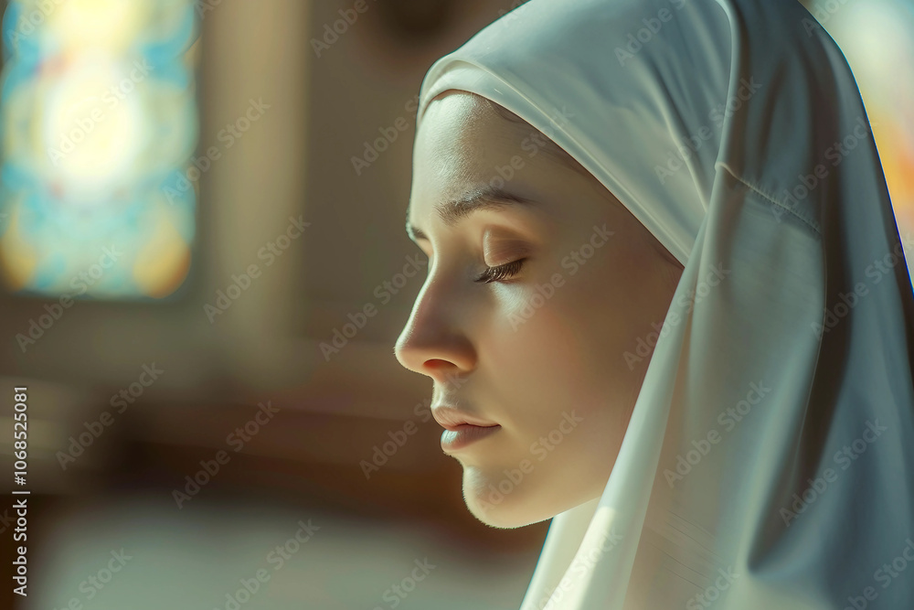 Generative AI Image of a Nun Praying in Church with Sunlight Streaming Through Stained Glass Generative AI Image of a Nun Praying in Church with Sunlight Streaming Through Stained Glass