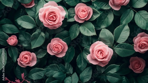 Pink Roses Blooming in Lush Greenery