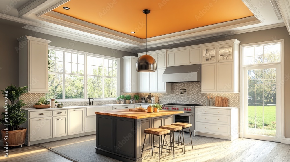 Modern Kitchen with Island, Orange Ceiling, and Natural Light Modern Kitchen with Island, Orange Ceiling, and Natural Light
