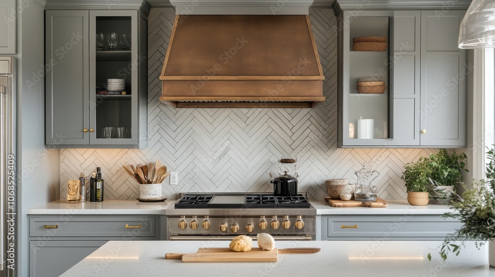 Contemporary Kitchen with Copper Range Hood and Grey Cabinets Contemporary Kitchen with Copper Range Hood and Grey Cabinets