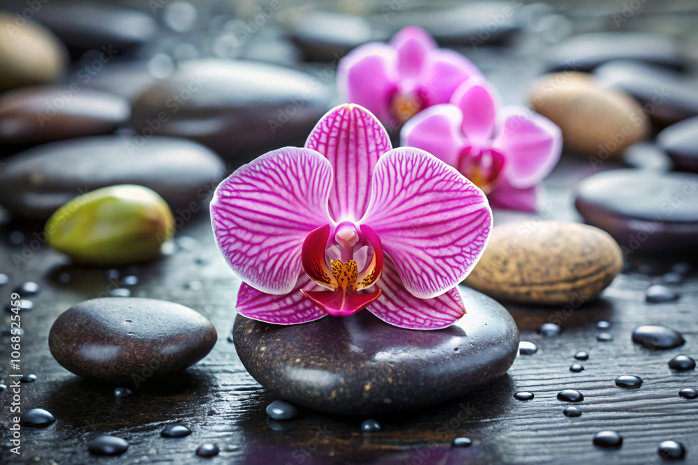 Fototapeta premium spa still life. spa, flower, stone, orchid, zen, beauty, white, nature, pink, pebble, stones, rock, isolated, black, balance, wellness, massage, therapy, water, tropical, natural, relaxation, health, 