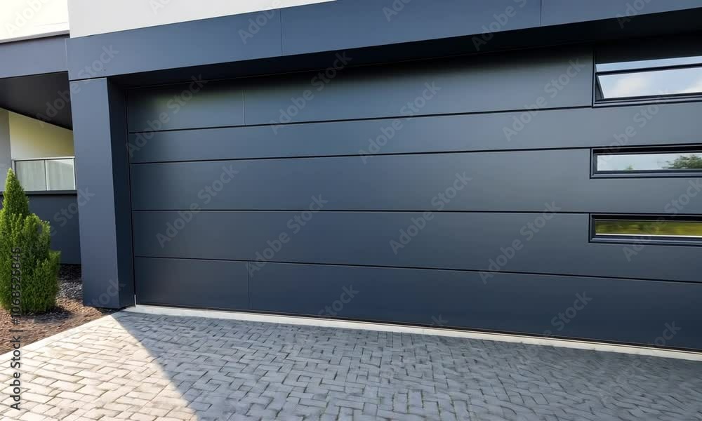 Contemporary garage door design enhances the elegance of a modern home in a peaceful suburban neighborhood Contemporary garage door design enhances the elegance of a modern home in a peaceful suburban neighborhood
