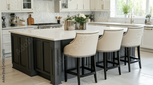 Modern Kitchen Island with White Countertops and Black Cabinetry photo