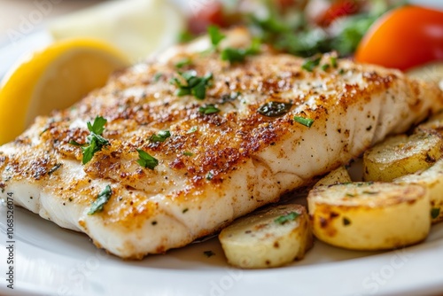 A perfectly grilled fish fillet garnished with herbs sits on a plate alongside roasted potatoes and a colorful salad, creating a vibrant meal