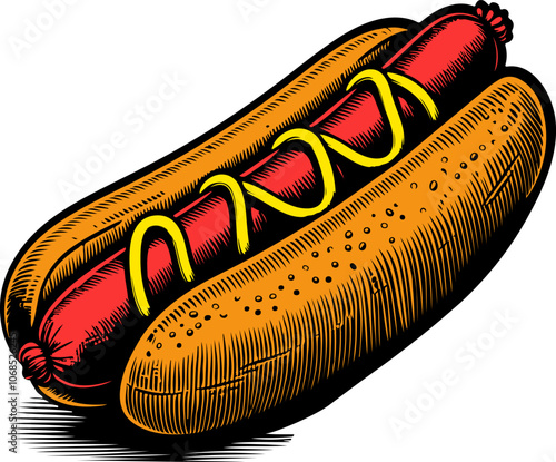 Retro Hotdog Illustration with Mustard - Classic Fast Food Vector