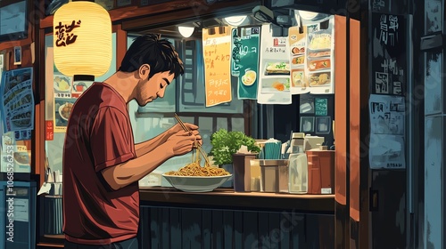A man enjoying a delicious bowl of noodles at a street food stall in a vibrant setting.
