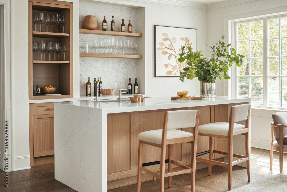 Modern Kitchen Island with Wooden Bar Stools and White Quartz Countertop Modern Kitchen Island with Wooden Bar Stools and White Quartz Countertop