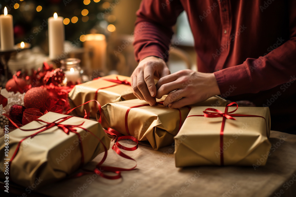 Wrapping gifts for the holidays in a cozy setting Wrapping gifts for the holidays in a cozy setting