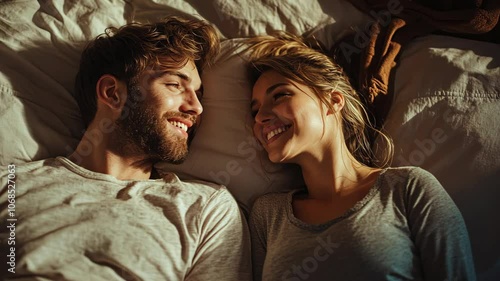 A couple lays in bed, smiling at each other, looking relaxed and content