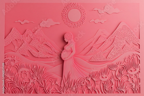 Delicate pink paper art of a pregnant woman surrounded by mountains, flowers, and a radiant sun in a serene landscape
