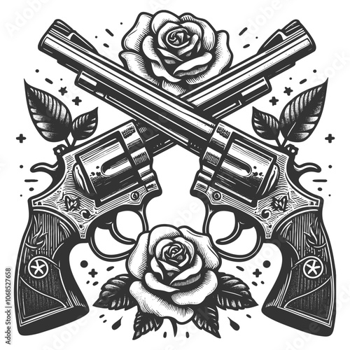crossed revolvers adorned with roses. Tattoo design blending classic weaponry and floral motifs sketch engraving generative ai vector illustration. Scratch board imitation. Black and white image.
