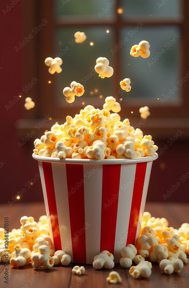 A set of different buckets of popcorn, popcorn flies up A set of different buckets of popcorn, popcorn flies up
