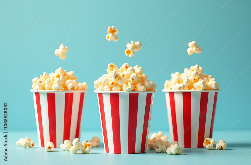 A set of different buckets of popcorn, popcorn flies up A set of different buckets of popcorn, popcorn flies up