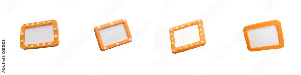 A series of four orange picture frames in varying sizes and shapes, showcasing empty spaces for images or artwork. A series of four orange picture frames in varying sizes and shapes, showcasing empty spaces for images or artwork.