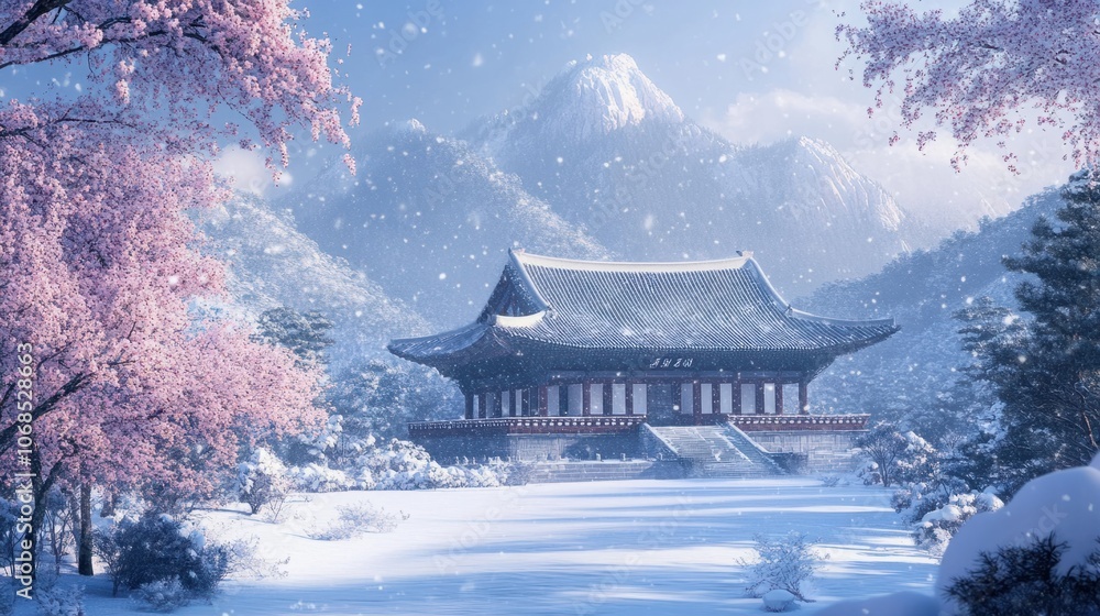 Buddhist temple surrounded by December snow in South Korea, representing serene winter beauty Buddhist temple surrounded by December snow in South Korea, representing serene winter beauty
