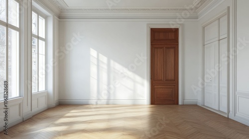 Wallpaper Mural Clean and spacious living room with blank white wall and wooden door, ready for text overlay or product mockups Torontodigital.ca