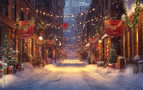 Wallpaper Mural Snowy Street with Holiday Banners â€“ Busy urban street lined with snow and decorated with holiday banners and lights, an inviting holiday setting Torontodigital.ca