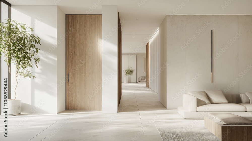 Modern empty room with blank white walls, wooden door, and open layout, perfect for adding design elements Modern empty room with blank white walls, wooden door, and open layout, perfect for adding design elements
