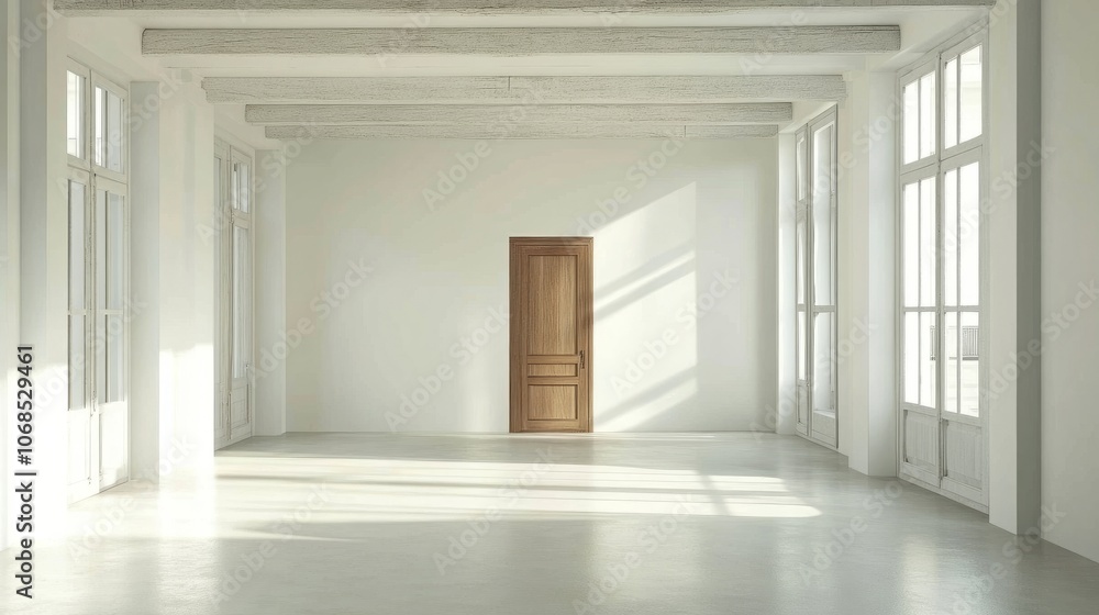 Modern empty room with blank white walls, wooden door, and open layout, perfect for adding design elements Modern empty room with blank white walls, wooden door, and open layout, perfect for adding design elements