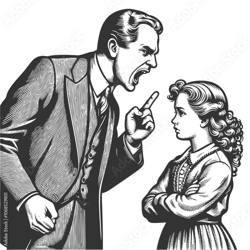 Father man angrily yelling at a daughter child, portraying tension and conflict in family dynamics sketch engraving generative ai vector illustration. Scratch board imitation. Black and white image.
