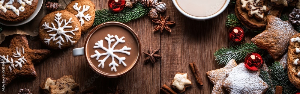 Deliciously decorated cookies and cups of warm drinks are artfully arranged on a wooden table adorned with pine branches and festive ornaments, creating a cozy winter atmosphere Deliciously decorated cookies and cups of warm drinks are artfully arranged on a wooden table adorned with pine branches and festive ornaments, creating a cozy winter atmosphere
