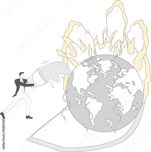 Businessman pouring bucket of water to extinguish forest fire on Earth
