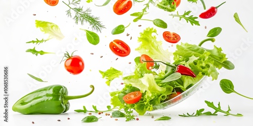 Wallpaper Mural A burst of fresh green lettuce, tomatoes, and peppers falls into a glass bowl on a white background Torontodigital.ca