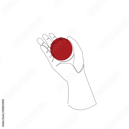 Hand hold a red Christmas ball. Christmas tree decoration. Abstract vector line art illustration. Festive design element for winter. Greeting card and minimalist web banner. Doodle vector illustration