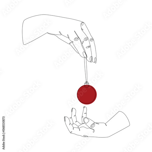 Two hands hold a red Christmas ball. Abstract vector line art illustration. Festive design element for winter. Greeting card and minimalist web banner. Doodle vector illustration