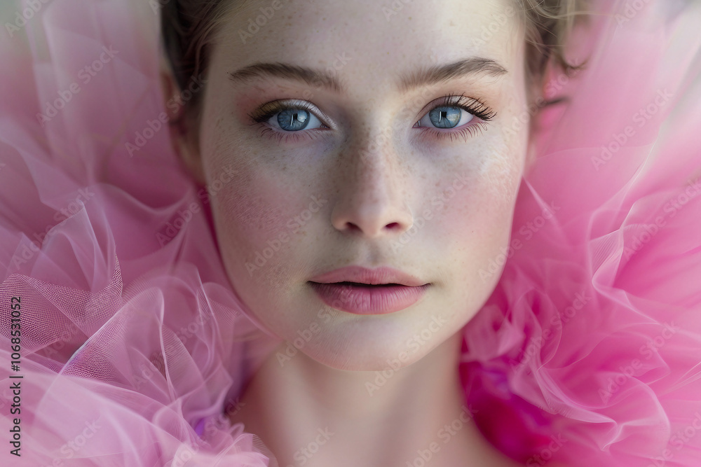 Generative AI Closeup of Young Ballerina in Pink Tulle with Captivating Blue Eyes Generative AI Closeup of Young Ballerina in Pink Tulle with Captivating Blue Eyes
