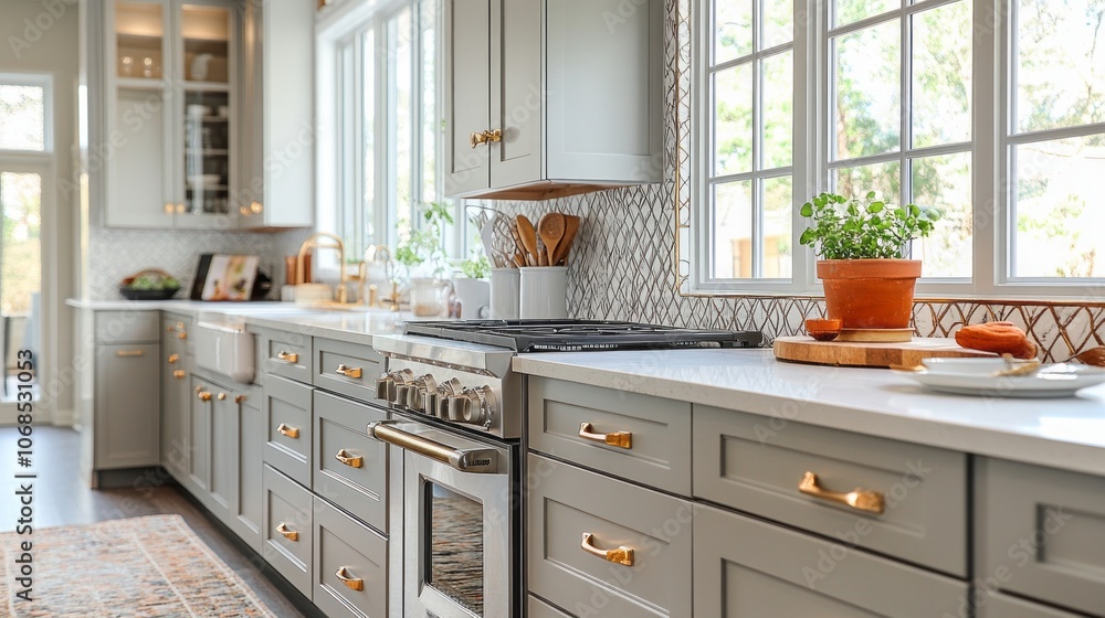 Modern Kitchen with Grey Cabinets and Gold Hardware Modern Kitchen with Grey Cabinets and Gold Hardware