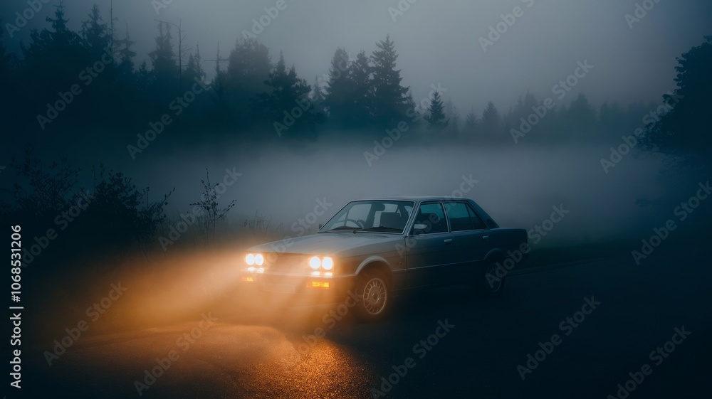 Mysterious car illuminates dense fog on forest road at night for dramatic scene or wallpaper Mysterious car illuminates dense fog on forest road at night for dramatic scene or wallpaper