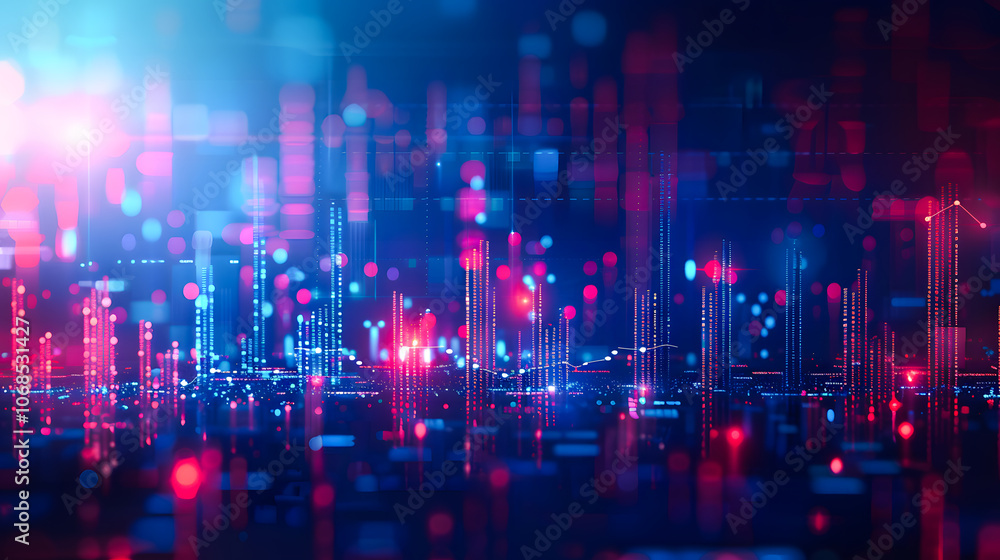 View of stock market expansion, business investment, and data analysis concept featuring digital financial charts, graphs, and indicators against a dark blue blurred background View of stock market expansion, business investment, and data analysis concept featuring digital financial charts, graphs, and indicators against a dark blue blurred background
